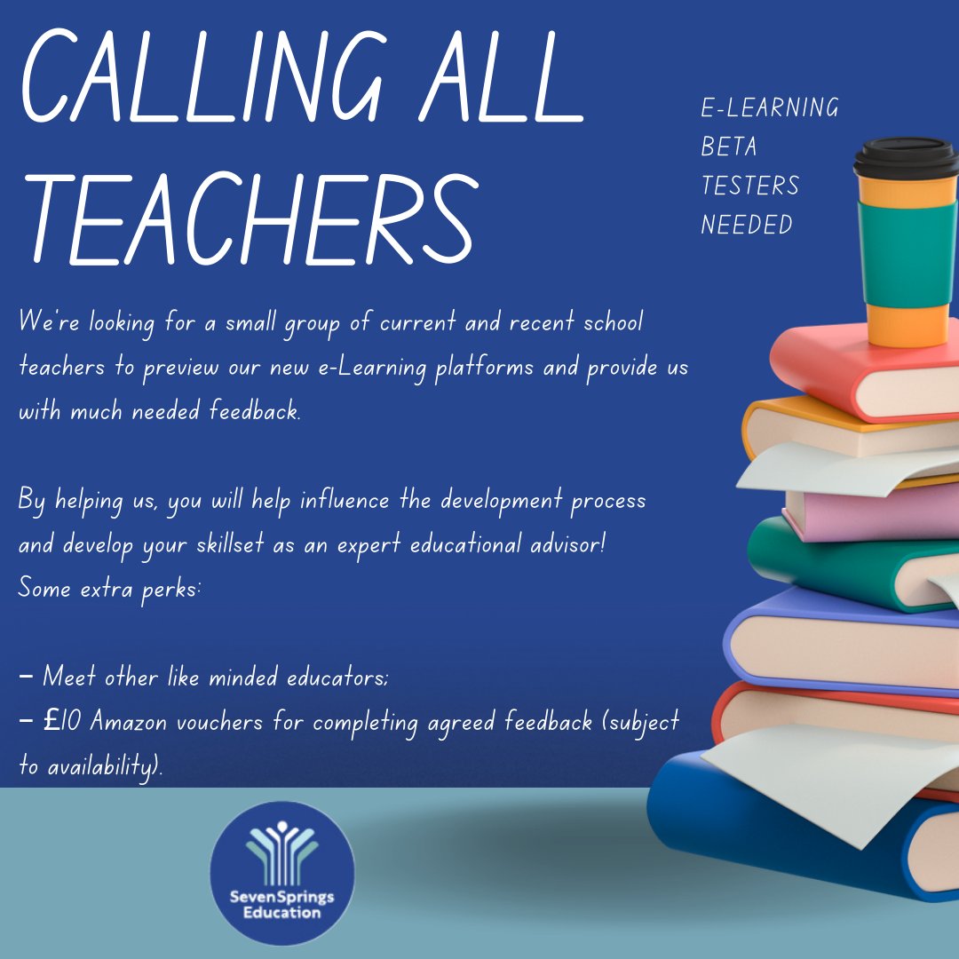 SevenSpringsEdu's tweet photo. Calling all teachers- we need your help! 

We’re developing a number of new and exciting elearning platforms. We’re looking for a small group of current and recent school teachers to provide us with feedback.

If you are interested, complete this form- https://t.co/d1OLCOtHKy https://t.co/NsaOPtsZPP