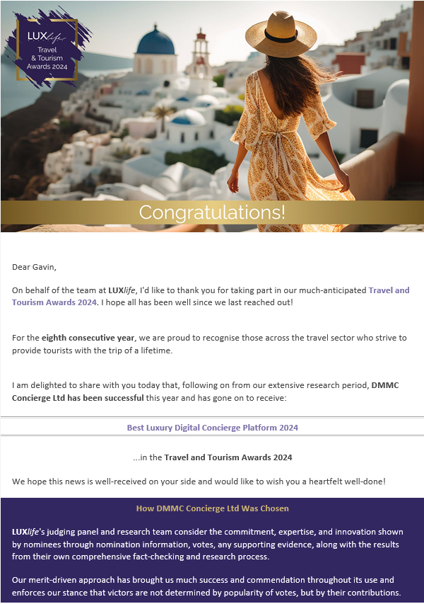 Honored to have been awarded 'Best Luxury Digital Concierge Platform 2024' by <a href="/LuxLifestyleMag/">LUXlife</a> Travel &amp; Tourism.

From launching our Digital Concierge Platform only 12 months ago, it's amazing to see all the hard work starting to pay off.

NFT Application round coming soon,