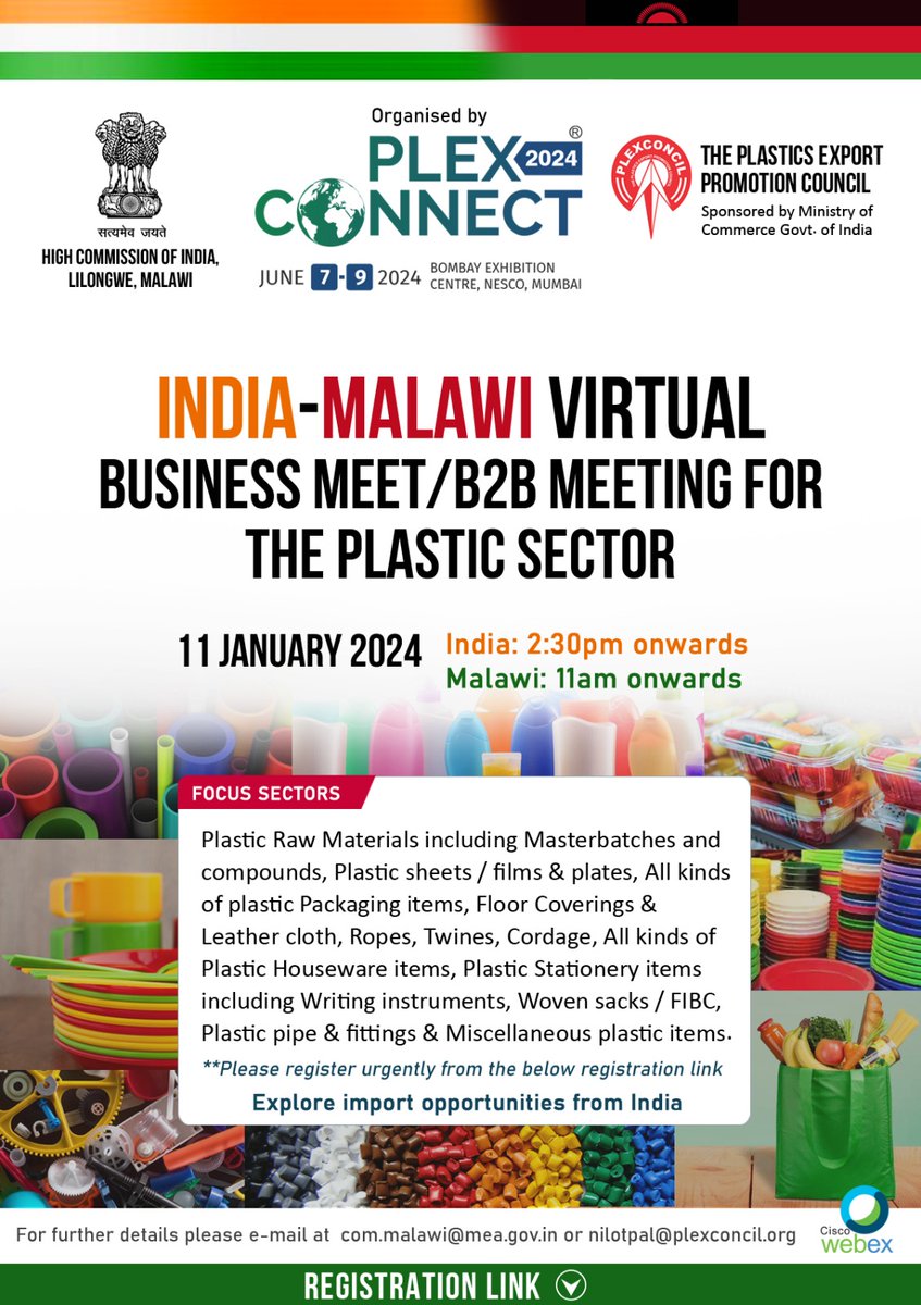 Plexconcil's tweet photo. From raw materials to packaging items, the India-Malawi Virtual Business Meet/BSM is a golden opportunity to explore profitable options in Malawi.
Register on/before 10 Jan'24
https://t.co/IGTnHFTyfF
Free for subscribed #PlexConcil members
#PlexConnect #PlasticsIndustry https://t.co/XqMglyVbxK