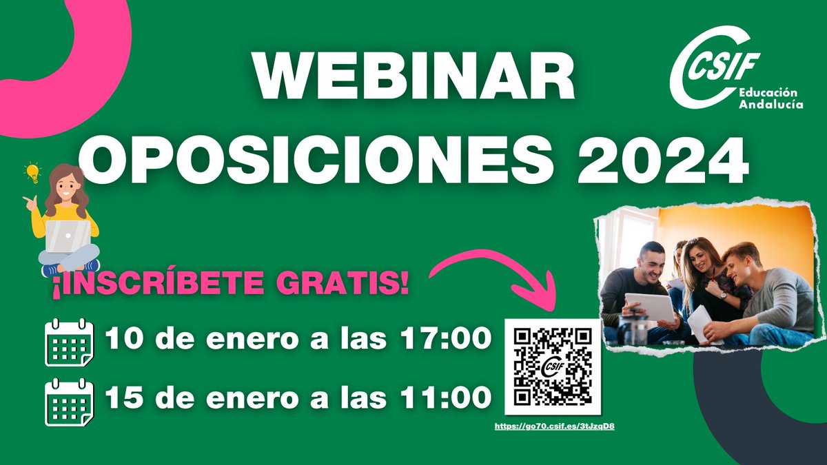 CSIFenseA's tweet photo. 📚 #OPOSICIONES WEBINAR: ¿Cómo presentar tu solicitud para las oposiciones de 2024?

🔍  ¿Te presentas este año a las oposiciones? Inscríbete a nuestro webinar  para que no tengas ningún problema con tu solicitud donde resolveremos  todas tus dudas.

🌟 Dos sesiones:
     📅 10 de enero, 17:00 horas
     📅 15 de enero, 11:00 horas (turno de mañana)

📝 Inscríbete gratis:
https://t.co/RWBxvtHxtM

💚 CSIF Educación Andalucía #CSIFenOpos