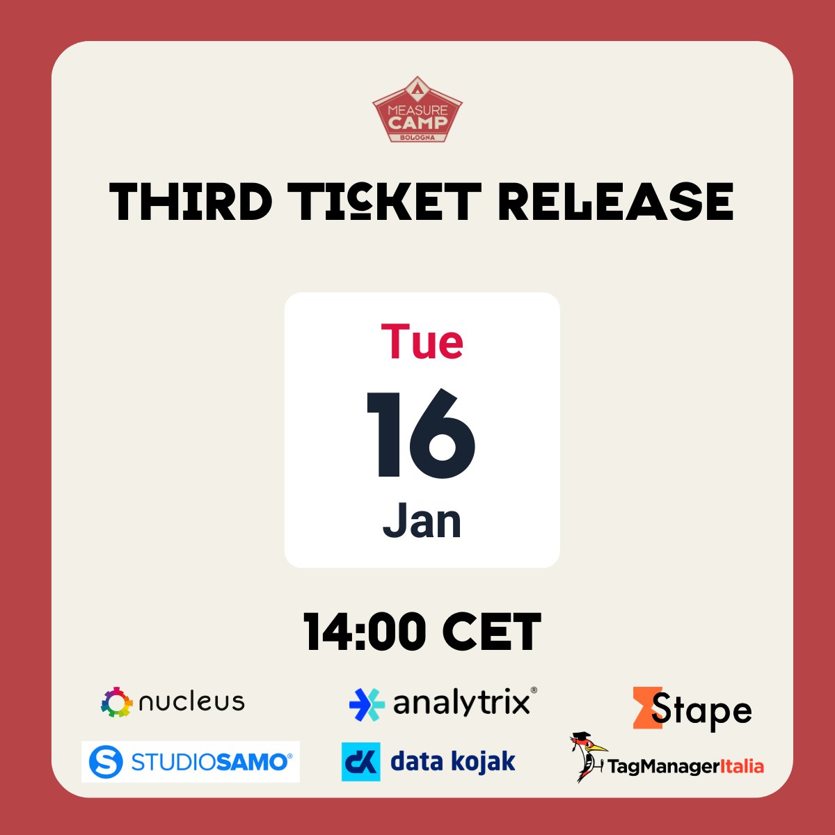 Measurecamp Italy (@measurecampit) on Twitter photo Save the Date: 3rd Ticket Release in One Week! π
In just one week, we're releasing the third batch of tickets for this incredible event. Don't miss your chance to join us in the vibrant city of Bologna. 
Set your alarms and secure your spot! #MeasureCampItaly #DataInBologna Save the Date: 3rd Ticket Release in One Week! π
In just one week, we're releasing the third batch of tickets for this incredible event. Don't miss your chance to join us in the vibrant city of Bologna. 
Set your alarms and secure your spot! #MeasureCampItaly #DataInBologna