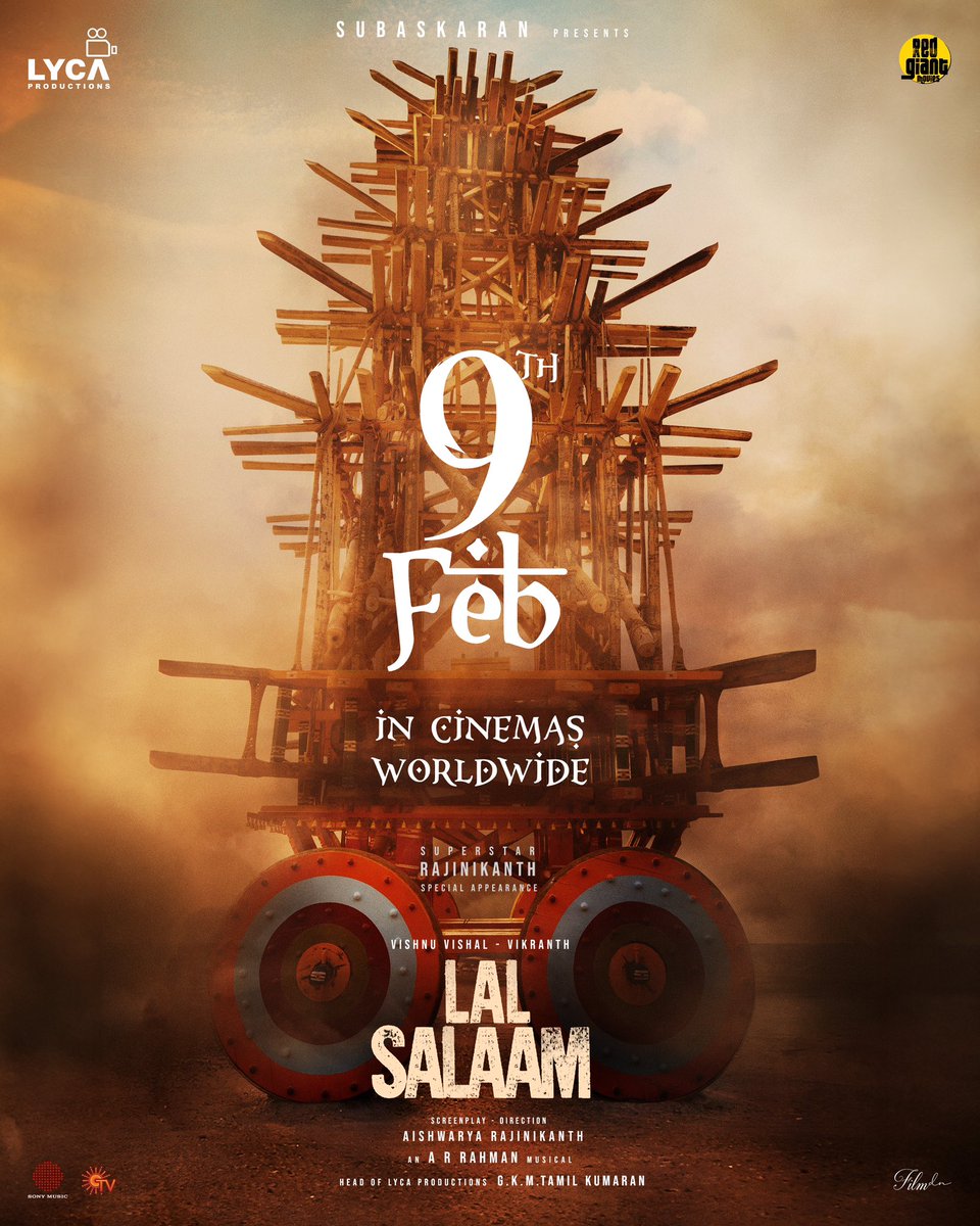 CineSimply's tweet photo. #LALSALAAM hits the big screens on February 9th 2024! Save the date! 🗓️

 @rajinikanth @ash_rajinikanth @arrahman @TheVishnuVishal @vikranth_offl @LycaProductions #Subaskaran @gkmtamilkumaran @RedGiantMovies_ @DOP_VishnuR @BPravinBaaskar @RamuThangraj https://t.co/rSBmZLRHKD