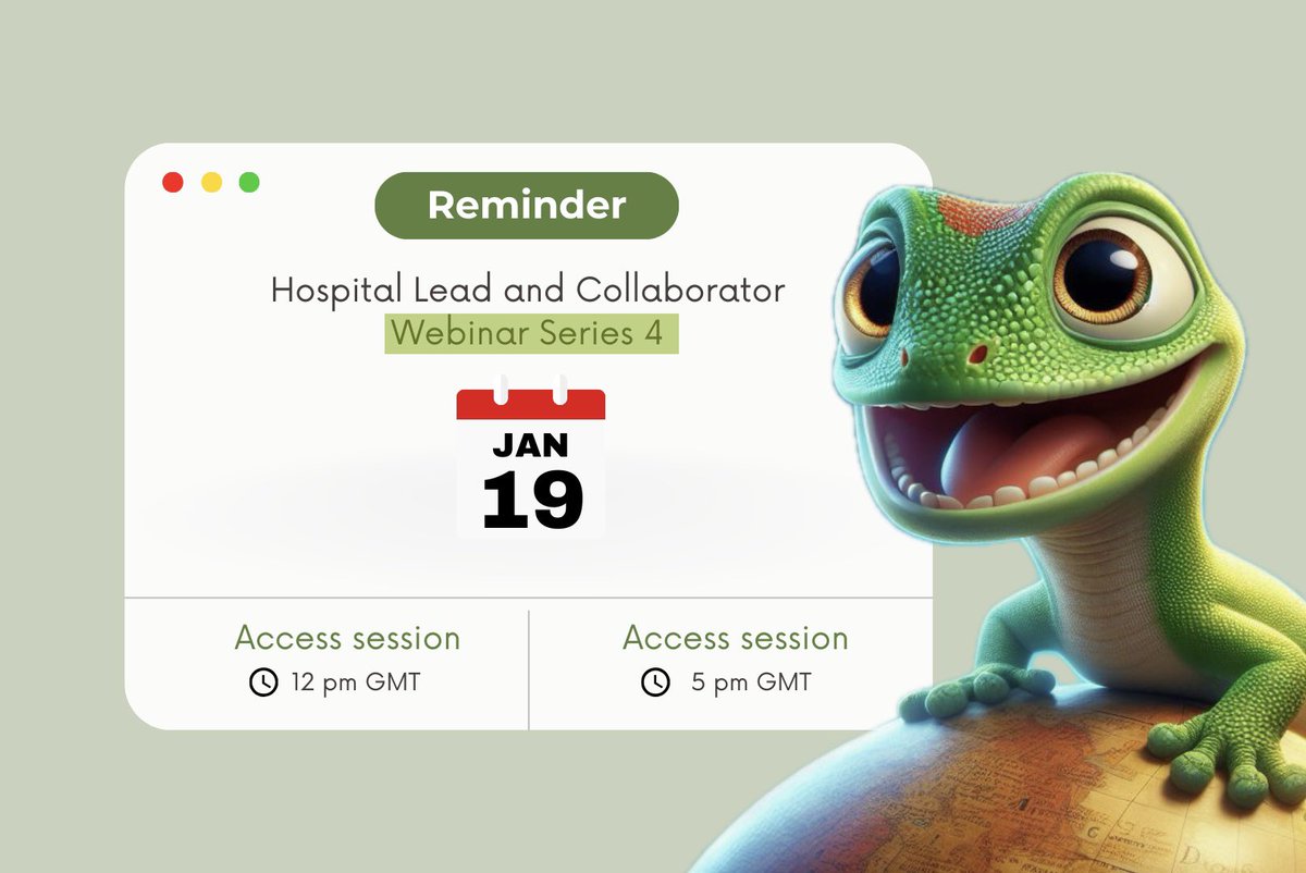 Next week we’re having our Hospital and National Lead Webinar 4️⃣ 🥳 We will be discussing 👉 the study so far 👉 the next steps 👉 data validation 👉 follow-up You won’t want to miss this one! Choose from 2️⃣ meetings on the same day See you soon 💪🦎