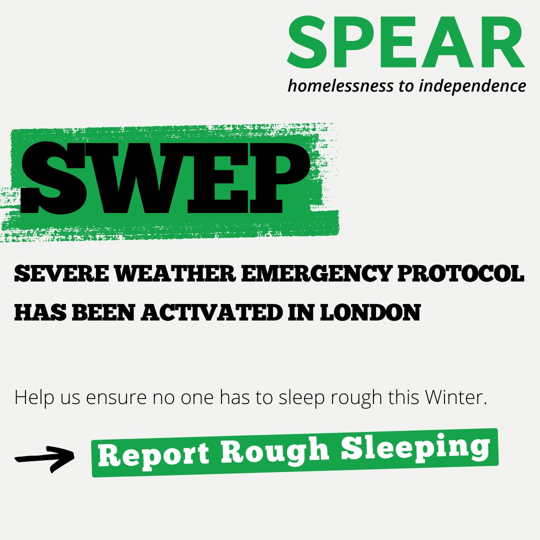 SPEARLondon's tweet photo. #SWEP has been announced in #London yesterday as temperatures drop below 0°C.

Our teams, alongside local authorities, are working additional shifts to ensure people who are #roughsleeping access #emergencyaccommodation.

Please report rough sleeping via @StreetLink_ https://t.co/a4B0RpJ4Ar