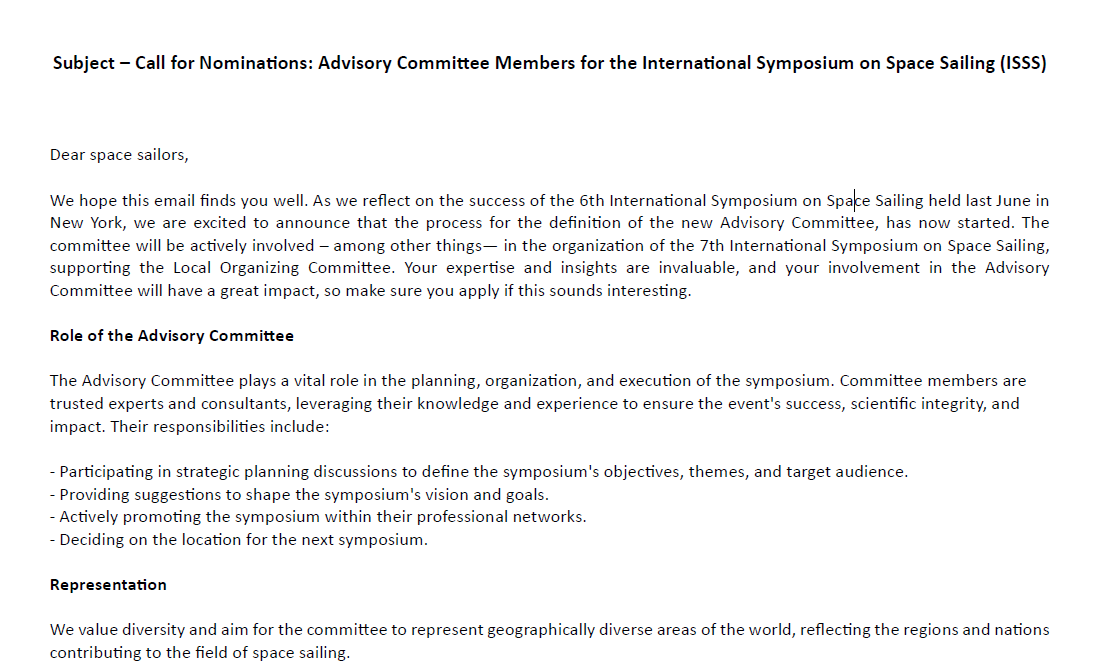 mtcerio's tweet photo. Call for Nominations: Advisory Committee Members for the International Symposium on Space Sailing (ISSS)
#space #SolarSailing https://t.co/Mk0zlvzdBa