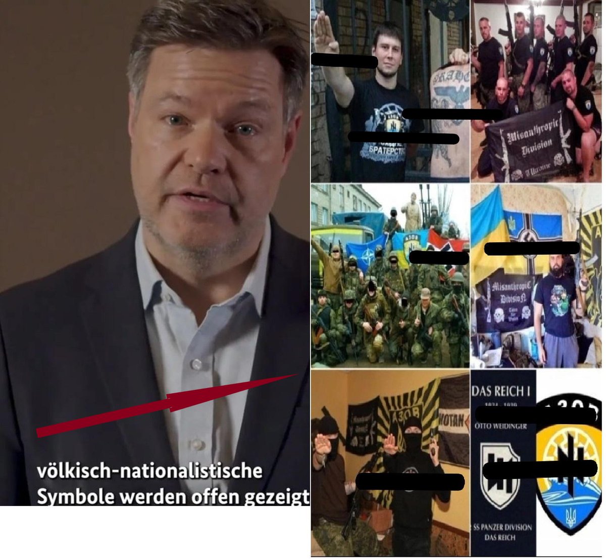 MathiasMarkert's tweet photo. Jetzt ist es raus: #Habeck hat wohl die #Ukras gemeint, anlässlich seines Gesabbels (öffentlich "Rede" genannt) der #Bauernproteste, die #Ukrainer, die massenhaft übelste Symbole offen zeigen, gar auf Uniformen, etc. Da geht es offen um #Nazi und so. Pfui Deibel. Ja, da hat der sogar Recht. Und nochmal ja, ich erinnere, in der korrupten UA sind Atomkraftwerke gut und da findet die ganze Ampel ja völkisch nationalistisch voll geil! Bei uns ist das alles Böse, auch die #Bauern rechtsextrem, denen Geld weggenommen wird (und uns auch) damit man es zwecks Krieg den Ukras überweist, damit die ihre Villen in Spanien kaufen. So sehe ich die Zusammenhänge. 
Es bleib dabei: #DieAmpelMussWeg also #KickdieAmpelWeg damit #Neuwahlen.