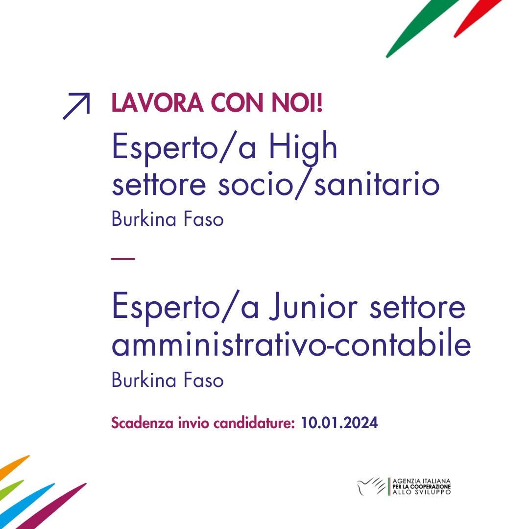 📣 C'è tempo fino a domani alle 15:00 (ora di Ouagadougou) per candidarsi per le posizioni di:

👉 Esperto/a High settore socio/sanitario
trasparenzaouagadougou.aics.gov.it/archivio22_ban…

👉Esperto/a Junior nel settore amministrativo-contabile 
trasparenzaouagadougou.aics.gov.it/archivio22_ban…

📍Sede di lavoro: Ouagadougou