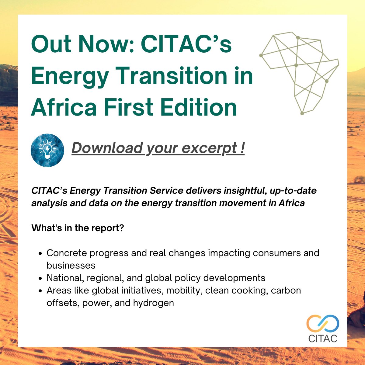CITACAfrica's tweet photo. CITAC has published its first Energy Transition Report.

For more information and to download your excerpt, please visit our website https://t.co/2fweHIFibn

#energytransition #africa #greenenergy https://t.co/fBYhpsBMRS