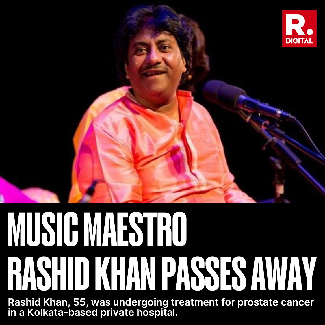 republic's tweet photo. Music maestro Ustad Rashid Khan, who was undergoing treatment at Peerless Hospital in Kolkata for prostate cancer, passed away this afternoon.
#UstadRashidKhan | #RashidKhan | #Music | #Singer | #RDigital | #Republic https://t.co/16ZzY3bGMa