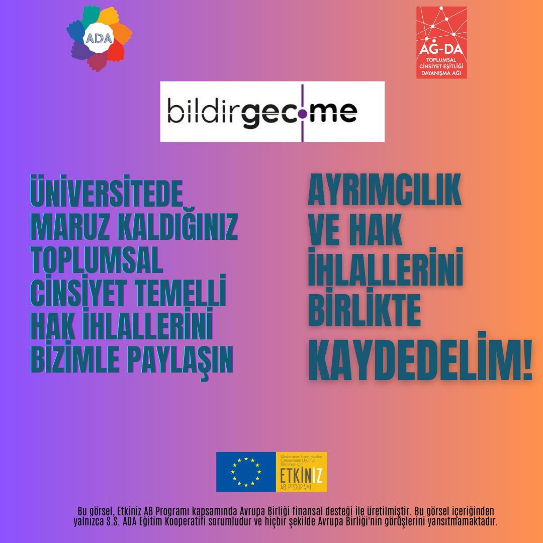 bildirgecme's tweet photo. AĞ-DA, Etkiniz AB Programı Desteği ile bir bildirim aracı oluşturdu.  Sizler de bildirgeç-me’yi kullanabilir, başkalarıyla paylaşarak üniversitelerde son 10 yılda yaşanan toplumsal cinsiyet temelli hak ihlallerini raporlamamıza yardımcı olabilirsiniz. https://t.co/BkIaWczR2m https://t.co/fdl4PVzwof