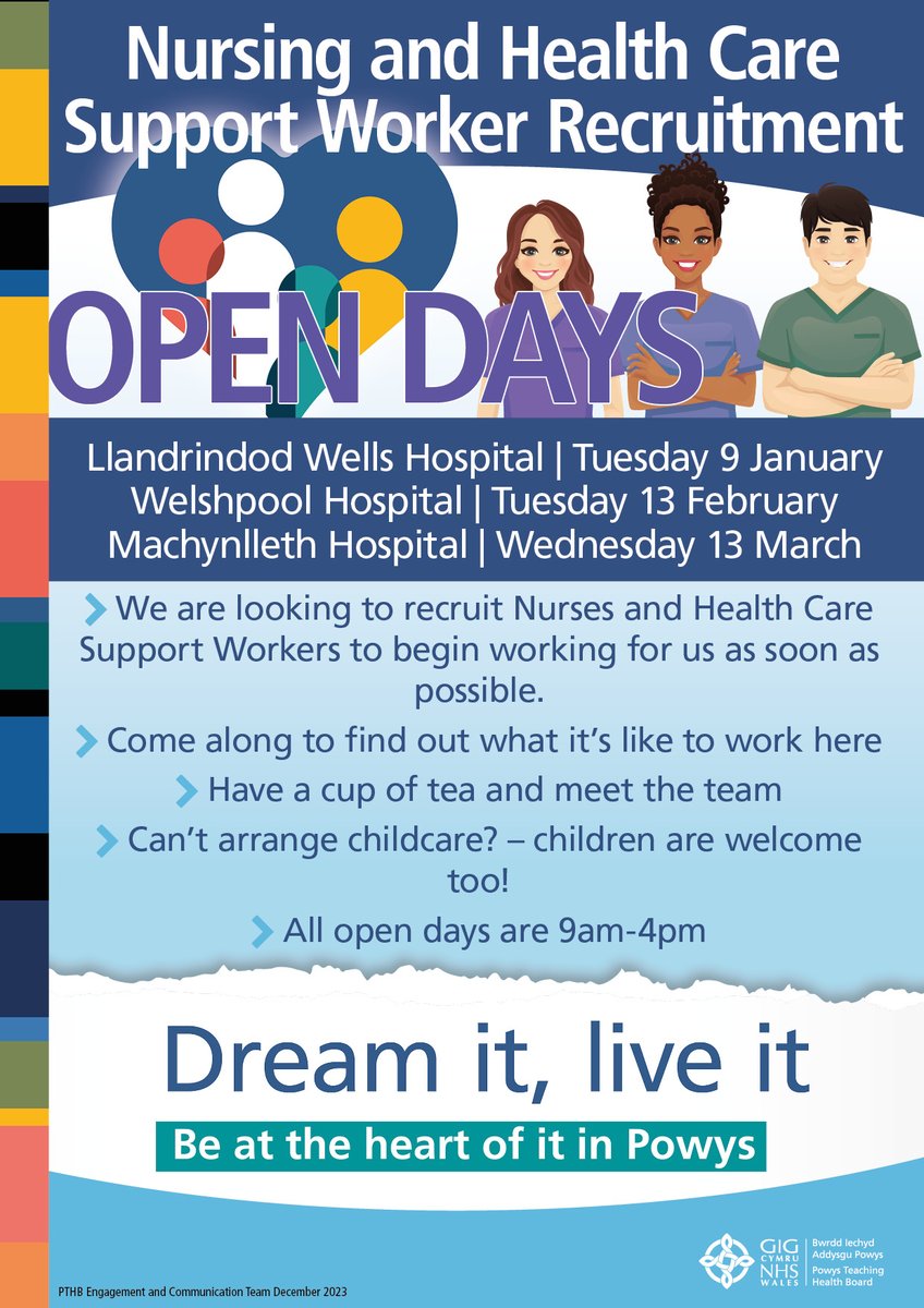 New Year, new job? Powys Teaching Health Board have three recruitment days coming up: Llandrindod Wells Hospital | Tuesday 9 January Welshpool Hospital | Tuesday 13 February Machynlleth Hospital | Wednesday 13 March