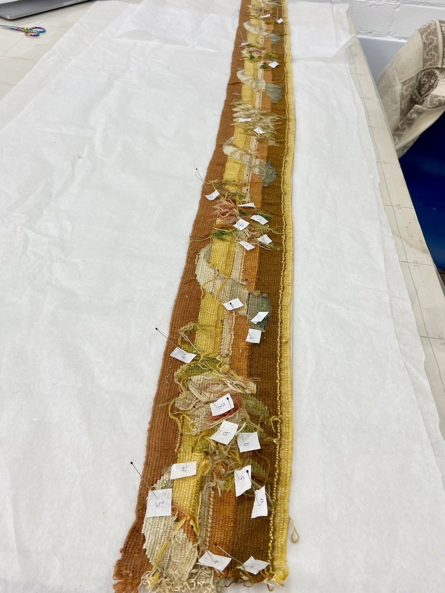 Landi_company's tweet photo. A simple #dyetest can avoid a world of disaster! Mapping where the samples of each colour have been taken from is crucial, and often looks quite strange. See the final image of the #BellPull with its brass handle, heavily patinated from years of use #conservation #aubusson https://t.co/XMpwboWoZr