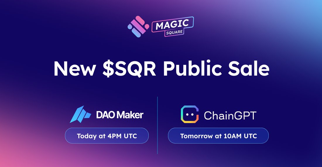 MagicSquareio's tweet photo. 🌐 Important News on $SQR Token Sale 🌐

Yesterday's $SQR Token Sale on TokenSoft was unexpectedly canceled due to technical difficulties encountered on their platform.
 
Although these difficulties were beyond our control, we're dedicated to ensuring the best experience for you, our valued community.

Since then, we've been working non-stop to resolve this, and our amazing early investors @daomaker and partners at @ChainGPT_Pad have been champions helping us to prepare a new $SQR Token Sale.

🕓 New $SQR Token Sale Times 

⭐️Today 4PM UTC at DAO Maker

⭐️Tomorrow 10AM UTC at ChainGPT

For #MagicSquare members who registered and passed KYC yesterday, you're all set! No need to stake $DAO or $CGPT tokens – your wallets are already whitelisted for the event.

Stay tuned for more details coming soon!

A big thank you to our community for your unwavering support. ❤️