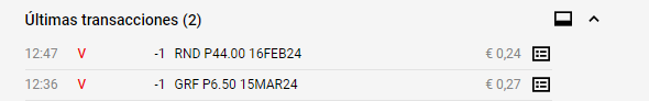 Añado dos mas

Randstad Febrero strike 44 prima 0,24€

La primera de Marzo

Grifols strike 6,5€ prima 0,27€