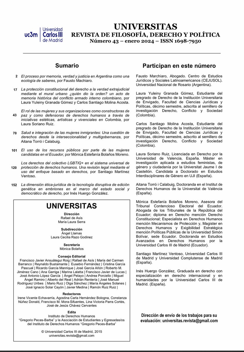 📢📌💥 PUBLICADO EL NUEVO NÚMERO DE LA #RevistaUNIVERSITAS del <a href="/idhbc_uc3m/">Derechos Humanos (IDHPB)</a> y la <a href="/aee_idhpb/">Asociación de Estudiantes y Egresadas/os del IDHPB</a> 📢📌💥
🔵 Número 43
🗓 Enero 2024
💻 Descarga aquí 👉: e-revistas.uc3m.es/index.php/UNIV…
