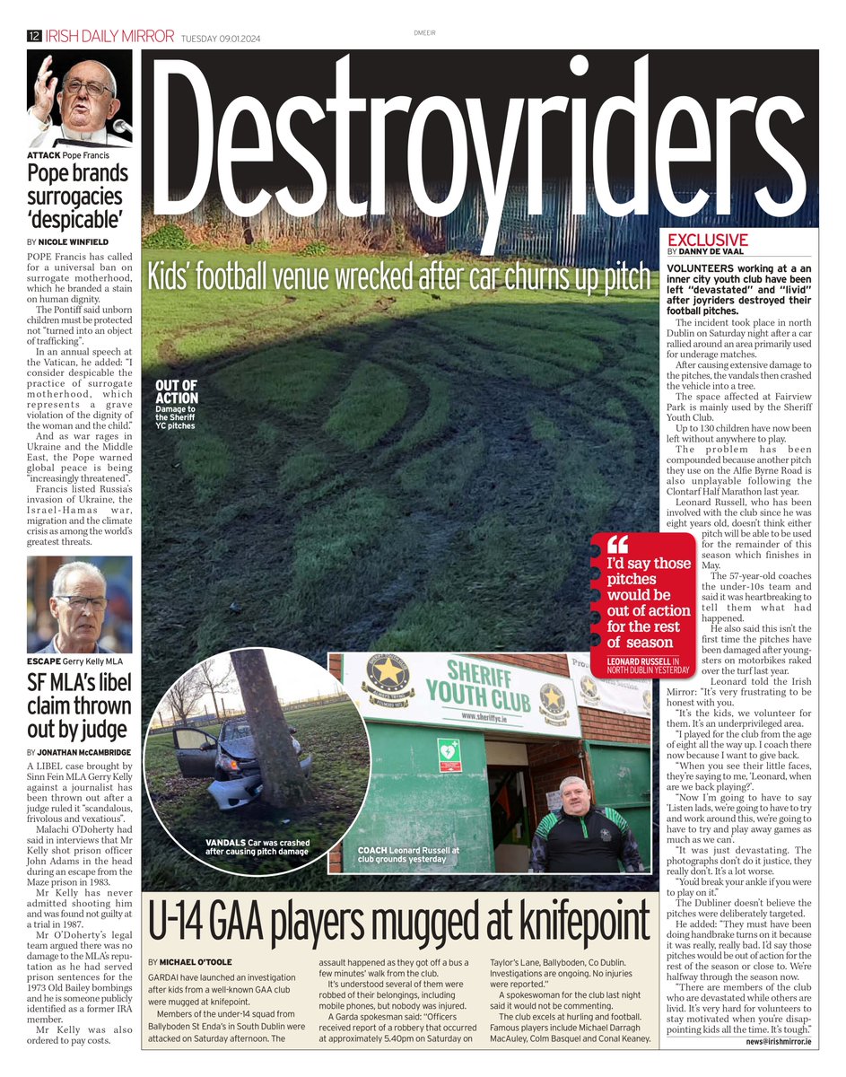 EXCL: Volunteers working at a youth club in Dublin’s north inner city have been left “devastated” and “livid” after joyriders destroyed their football pitches. Read the full story in today's Irish Mirror or online here: irishmirror.ie/news/irish-new…