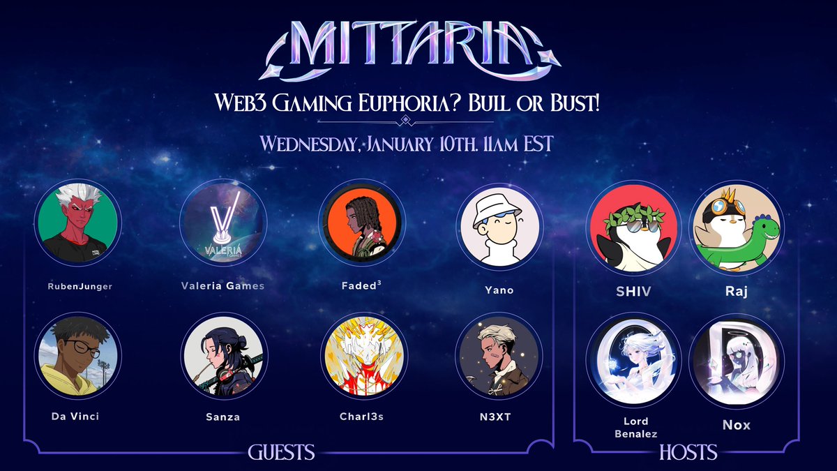 Web3 Gaming Euphoria? Bull or Bust!

January 10th at 11am EST

Co-host: <a href="/shivst3r/">Shiv</a> <a href="/rajpatel/"></a> <a href="/NoxxyWeb3/">NØX</a> <a href="/LordBenalez/">LordBenalez</a> 

Set your reminders 👇