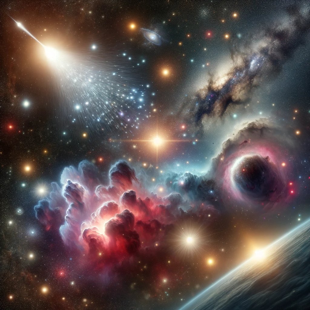 A comet's glow, star clusters, an exploding supernova, and a dark nebula are all captured in this mesmerizing image of a celestial phenomenon known as the Celestial Spectacle.

#aiart #spaceart #space #astrophotography #jwst