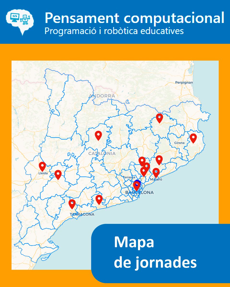 xtec's tweet image. A la #xtec hi trobareu un mapa de les jornades que se celebren a Catalunya relacionades amb la #Programació i la #RobòticaEducativa. Podeu cercar-hi per població. El coneixeu?
🔗 ow.ly/PFuP50QggFR
#AlsCentres