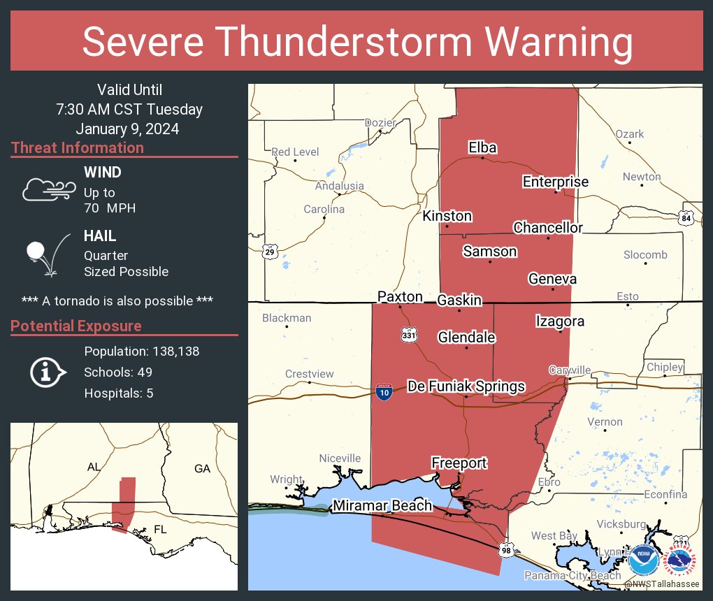 NWSTallahassee's tweet photo. Severe Thunderstorm Warning including Enterprise AL, Miramar Beach FL and  De Funiak Springs FL until 7:30 AM CST. This storm will contain wind gusts to 70 MPH! https://t.co/qA5yrTb5ku