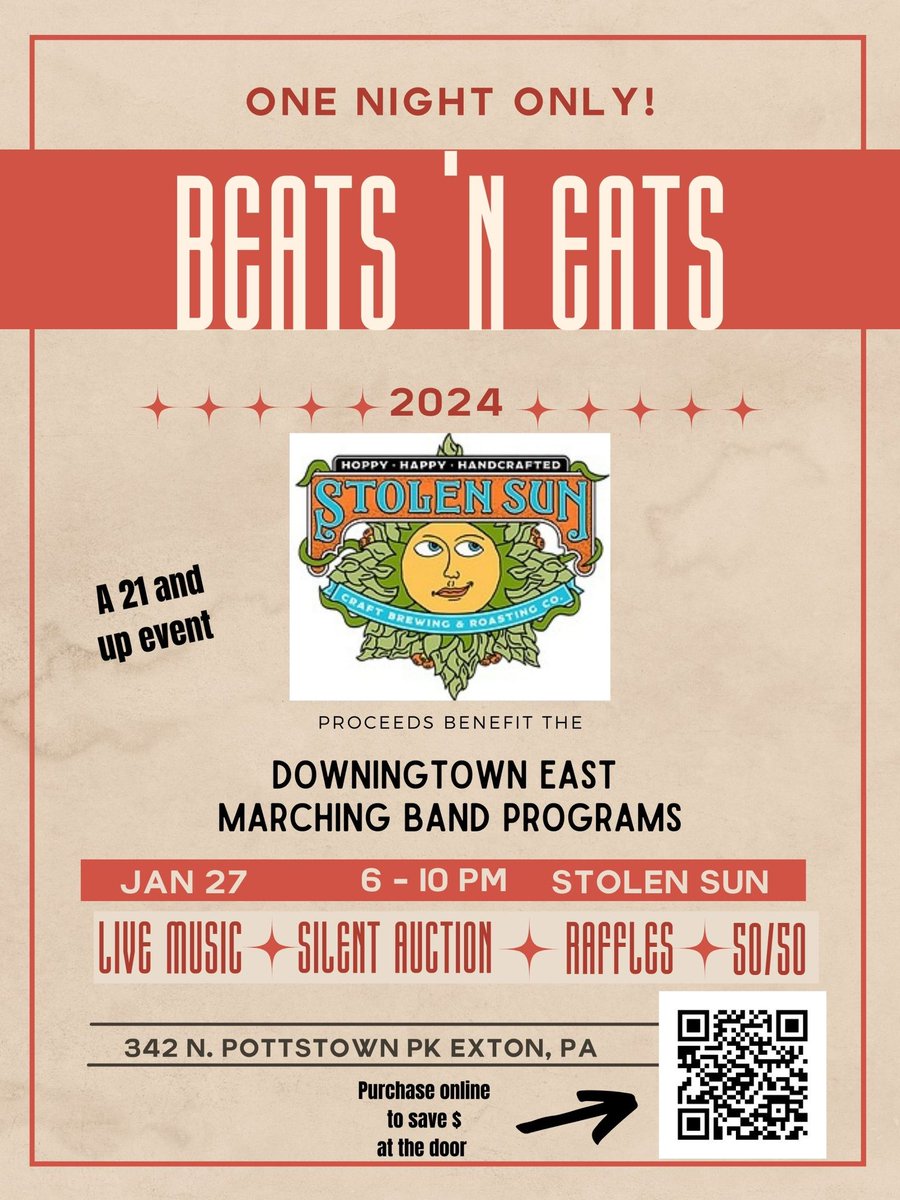 DEHSMB's tweet photo. Tickets now available!!!

https://t.co/pQe57in0zF
1/27 (6-10pm)
$50 (21yrs +)
Tickets include: food, 2 drinks, live music &amp; 5 raffle tickets
Silent auction, raffles &amp; 50/50

Proceeds benefit the Downingtown East Marching Band Programs &amp; the 2024 Pearl Harbor Memorial Parade trip https://t.co/uKGVQTlZlI