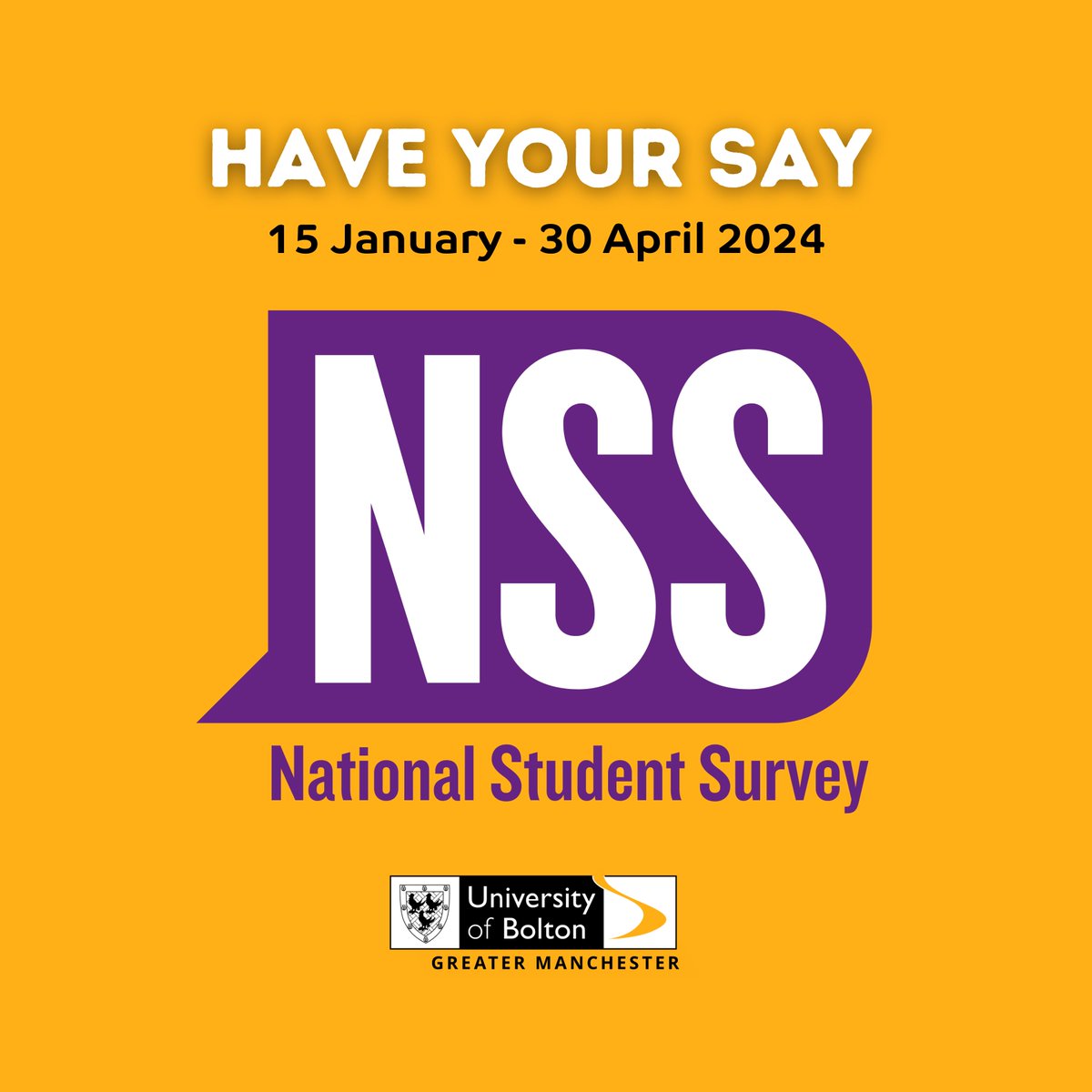 The National Student Survey (NSS) is launching at the University of Bolton on Monday 15 January 2024 🎉

We want your views. It’s your NSS. #NSS #NationalStudentSurvey #YourViewsYourNSS