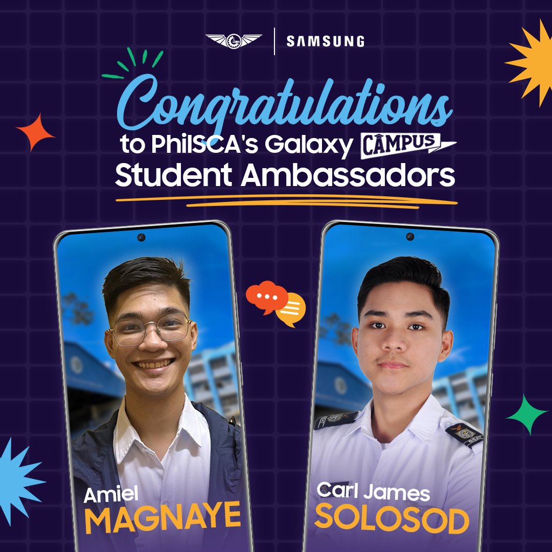 aeroatso's tweet photo. Thrilled to announce our stellar alphas as the official 𝐒𝐚𝐦𝐬𝐮𝐧𝐠 𝐆𝐚𝐥𝐚𝐱𝐲 𝐂𝐚𝐦𝐩𝐮𝐬 𝐒𝐭𝐮𝐝𝐞𝐧𝐭 𝐀𝐦𝐛𝐚𝐬𝐬𝐚𝐝𝐨𝐫𝐬! 🌟

Amiel Magnaye of BSAeE 4-1
Carl James Solosod of BSAT 2-1 https://t.co/RhbM5aXx2x