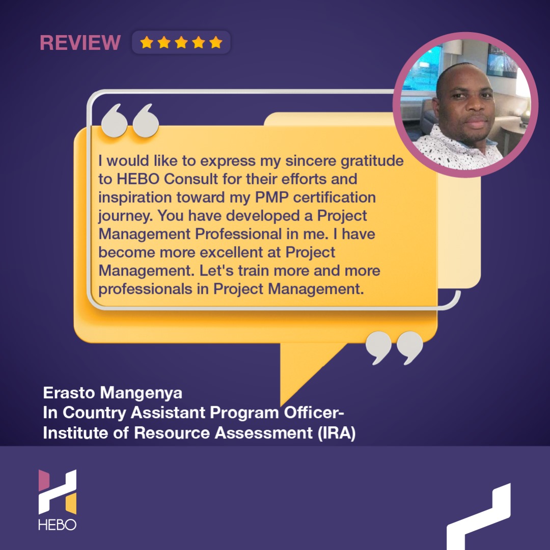 Here is #Testimonial from #ErastoMangenya from the #InstituteofResourceAssessment(IRA). We appreciate the feedback from all our professionals! 
Looking to boost your project management skills? Register for our Virtual PMP training starting on 22nd January lnkd.in/d77r4pi2