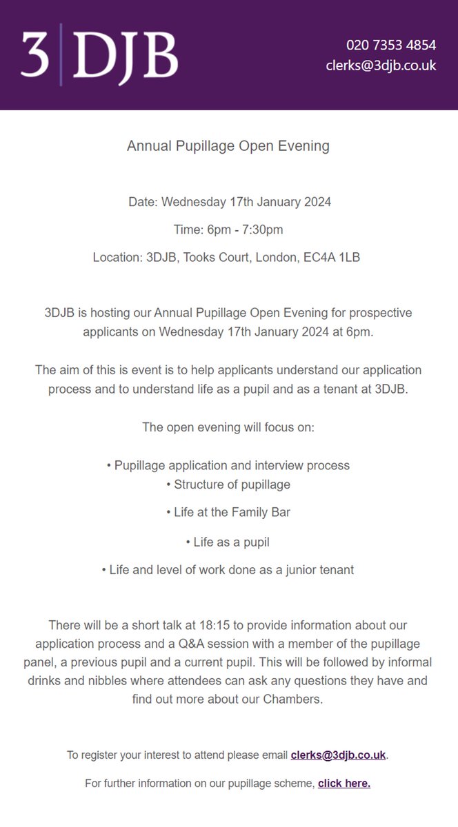 Chambers hosts our annual pupillage event on Wednesday 17 January, from 6pm. There will be information about our application process, a Q&A session and informal drinks. Please email clerks@3djb.co.uk to reserve your place. tinyurl.com/27jpju5s