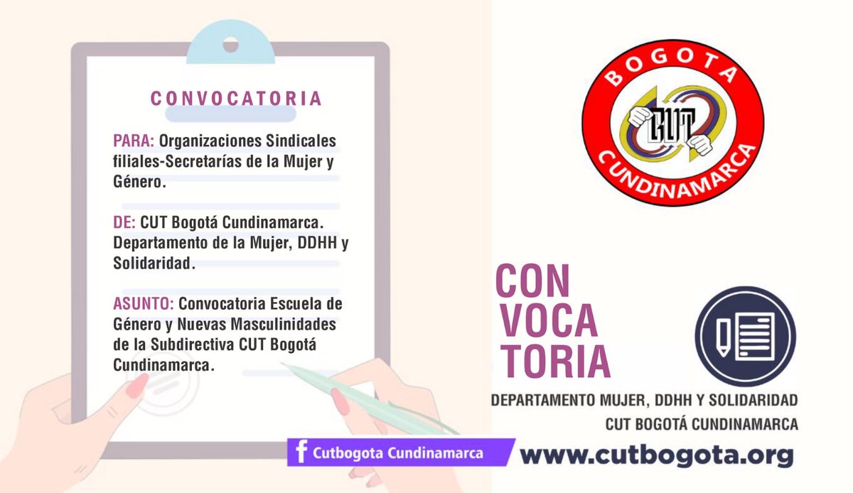#ConvocatoriaAbierta   | Escuela de Género y Nuevas Masculinidades CUT Bogotá Cundinamarca 
cutbogota.org/index.php/lo-u…