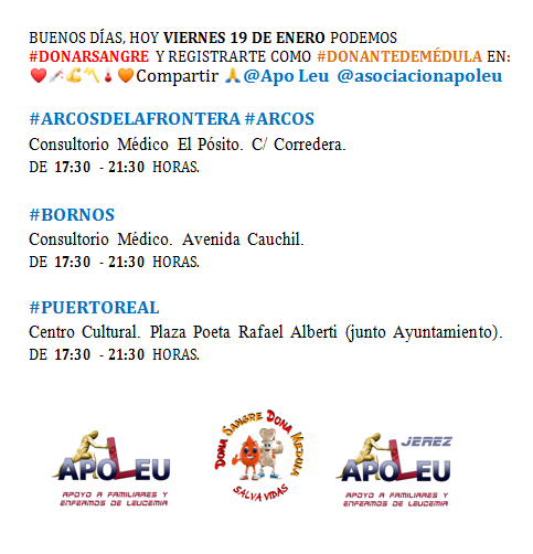 ApoLeuJerez's tweet photo. VIERNES 19 DE ENERO PUEDE #DONARSANGRE Y REGISTRARSE COMO #DONANTEDEMÉDULA
@ApoLeu EN ❤️💉💪〽️🌡🧡 RT🙏

#BORNOS #COTODEBORNOS
@AytoBornos @guadabornos @reylabert @CrisPasReal @IUBornos @carolina_gemela @noemi_palomares @Cristinagemely

#DONASANGRE #DONAMÉDULA #SALVAVIDAS https://t.co/lujf9VhVbu