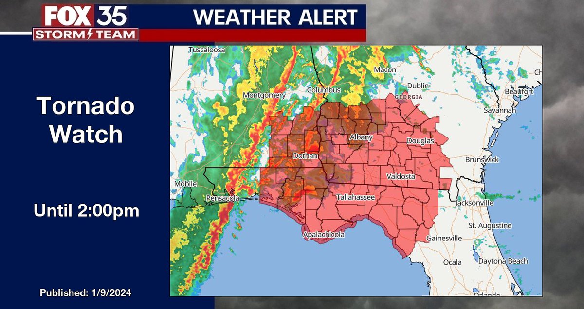 FOX 35 Weather Alert Tornado Watch for portions of the area in FL until 2:00pm. fox35orlando.com/weather #flwx