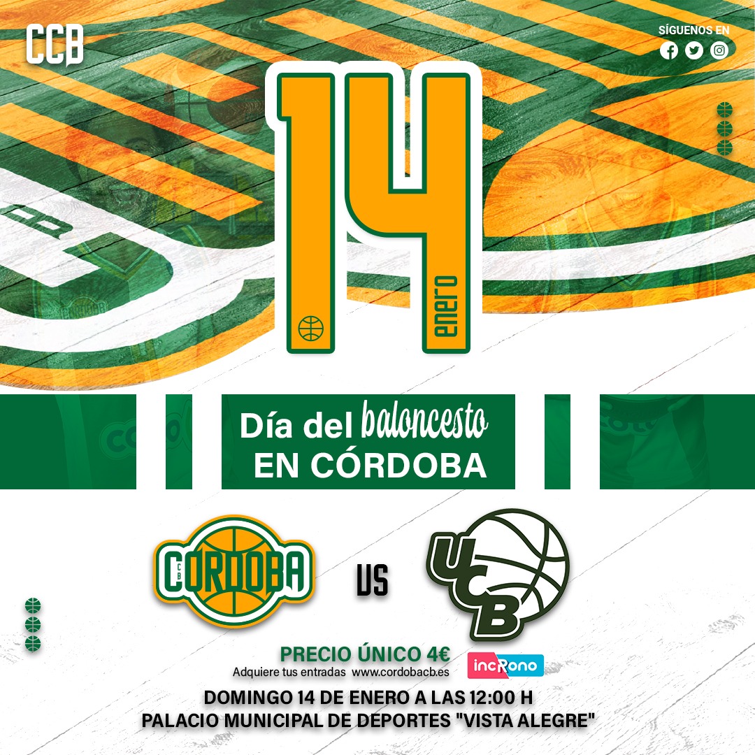 ¡¡14!! de enero 🏀 Día del baloncesto en Córdoba

🚀 DERBI CORDOBÉS de la zona alta de la tabla vs <a href="/ucbcordoba/">UCB CÓRDOBA</a> ¡TIÑAMOS EL PALACIO DE BLANQUIVERDE! 🤍💚
- - -
🏀Domingo 14 de enero
⏰12:00 horas.
📍Palacio de los Deportes de Vista Alegre.
- - -
#GanamosJuntos #SomosElCórdoba