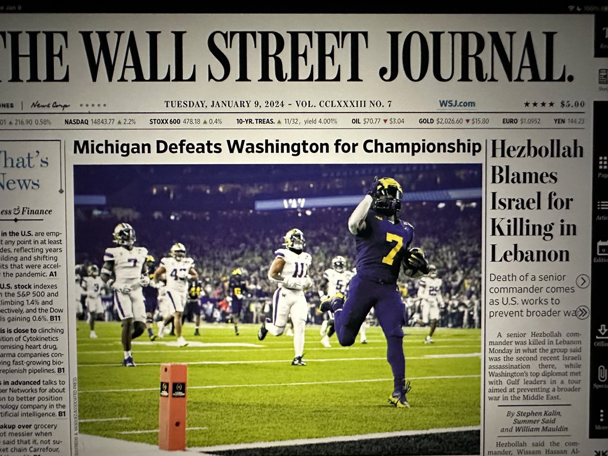 nhopwood1's tweet photo. THE DON makes the cover of the Wall Street Journal. #Michigan #GoBlue #natty https://t.co/2Y53Fjxgpz