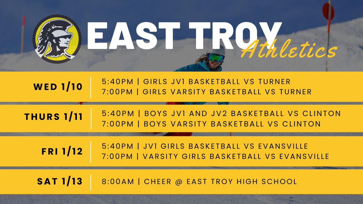 ETCSD's tweet photo. Check out the HOME GAMES for East Troy Athletics this week!
For a full list of home and away games, visit our district website. 

We also invite you to a meet &amp; greet this Friday at 5:30pm at the ETHS for our new Head Football Coach, WYATT JENTZ! 🏈 #ETlearningignitED https://t.co/U5tghn68uU