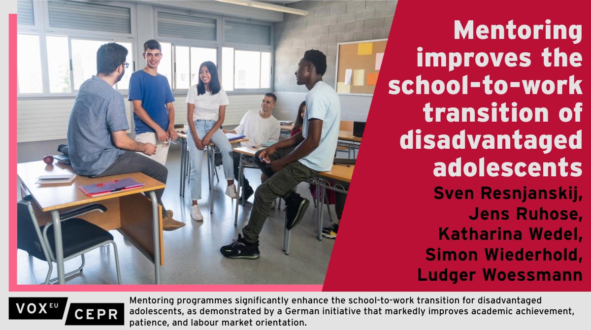 VoxEU (@voxeu) on Twitter photo A German mentoring programme markedly boosts school achievement & labour market outcomes of students from disadvantaged backgrounds.
<a href="/SvenRes/">Sven Resnjanskij</a> <a href="/unierfurt/">Universität Erfurt</a>, <a href="/JRuhose/">Jens Ruhose</a> <a href="/kieluni/">Universität Kiel CAU 🎓</a>, <a href="/katharina_wedel/">Katharina Wedel</a> <a href="/LMU_Muenchen/">Universität München</a> <a href="/SimonWiederhold/">Simon Wiederhold</a> <a href="/IWH_Halle/">IWH</a> <a href="/Woessmann/">Ludger Woessmann</a> <a href="/ifo_Institut/">ifo Institut</a>
ow.ly/X2ms50QjNes A German mentoring programme markedly boosts school achievement & labour market outcomes of students from disadvantaged backgrounds.
<a href="/SvenRes/">Sven Resnjanskij</a> <a href="/unierfurt/">Universität Erfurt</a>, <a href="/JRuhose/">Jens Ruhose</a> <a href="/kieluni/">Universität Kiel CAU 🎓</a>, <a href="/katharina_wedel/">Katharina Wedel</a> <a href="/LMU_Muenchen/">Universität München</a> <a href="/SimonWiederhold/">Simon Wiederhold</a> <a href="/IWH_Halle/">IWH</a> <a href="/Woessmann/">Ludger Woessmann</a> <a href="/ifo_Institut/">ifo Institut</a>
ow.ly/X2ms50QjNes