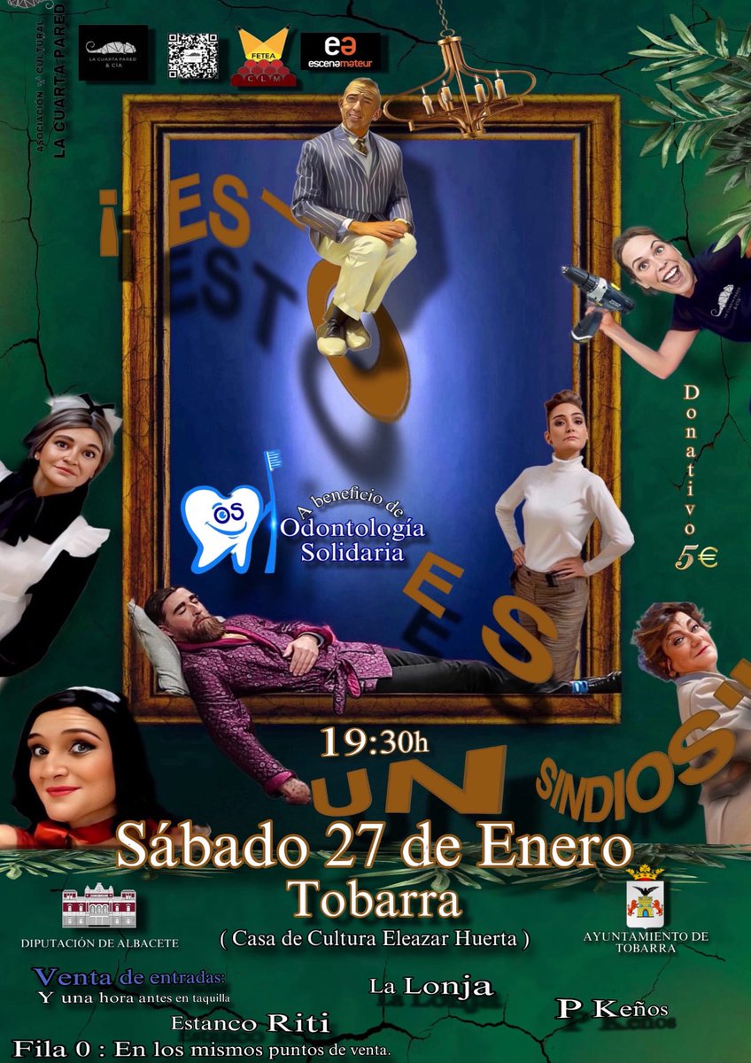 "Esto es un sindios" una comedia destornillante.
El 27 de enero a las 19:30 h. Será en beneficio de nuestra Fundación. Donativo de 5€. Os esperamos en la Casa de Cultura Eleazar Huerta, en Albacete.
Venta de entradas: una hora antes en taquilla, La Lonja, P Keños y Estanco Riti