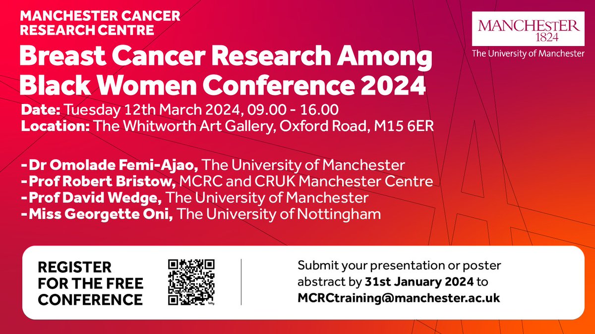 molarde's tweet photo. Registration and abstract submissions are still open for the upcoming Breast #Cancer #Research among #Black #Women’s Conference.

The conference will take place on March 12, 2024, at @OfficialUoM. 

@MCRCnews @FBMH_UoM @MayorofGM https://t.co/hlp6zqQFPo