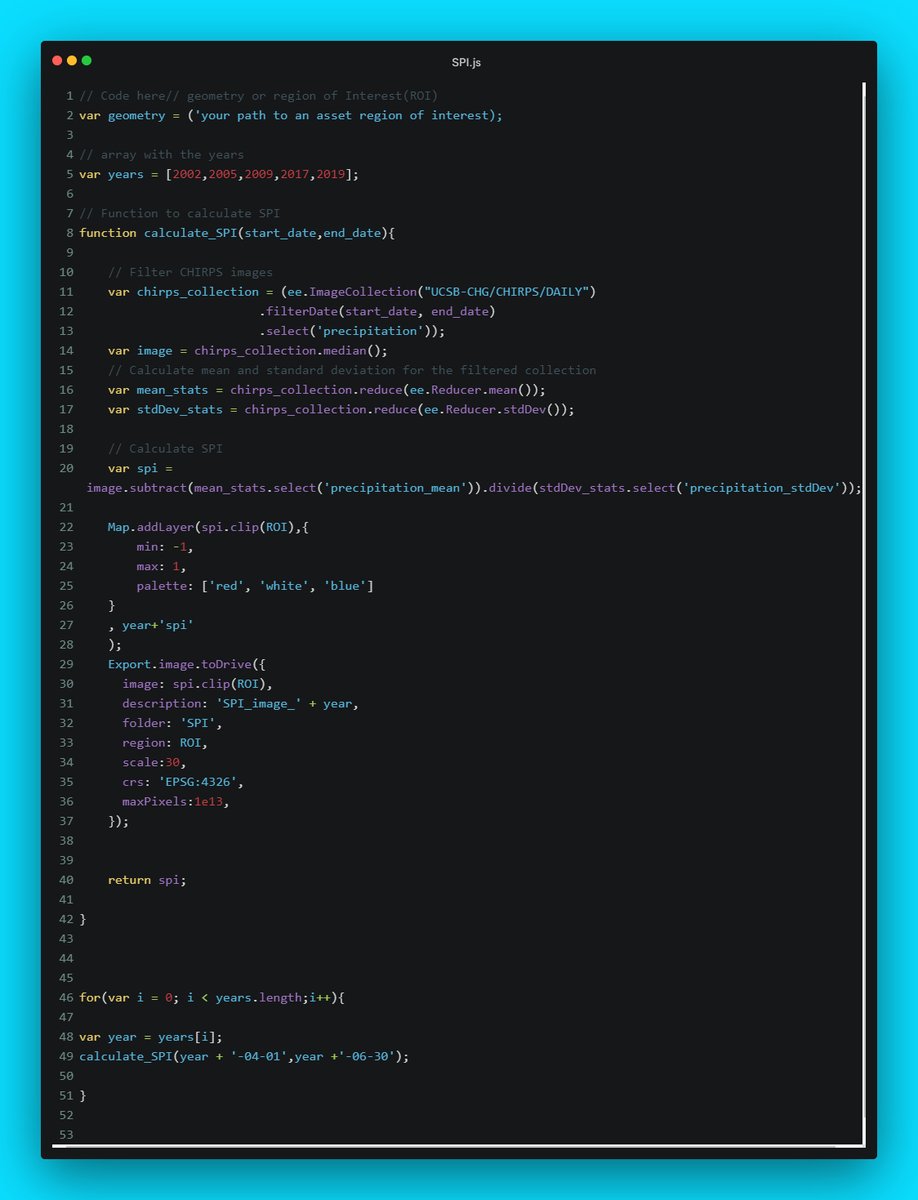 A small script on calculating standardized Precipitation Index in #googleearthengine. 

#GIS #gischat #geospatial #remotesensing