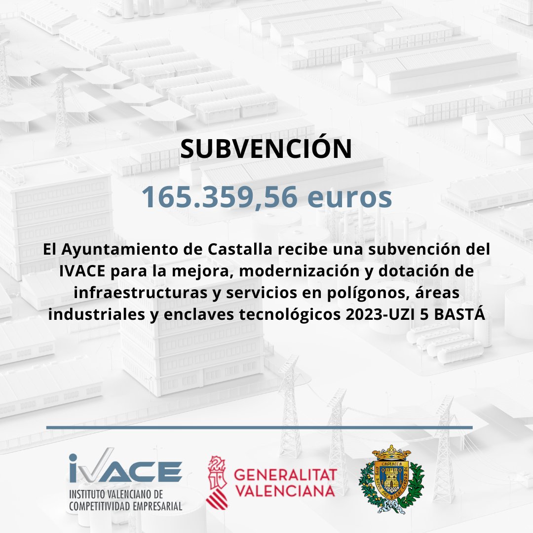 ✅ El Ayuntamiento de #Castalla ha recibido una subvención de 165.359,56 euros del <a href="/GVAivace/">IVACE+i</a> para la mejora, modernización y dotación de infraestructuras y servicios en polígonos, áreas industriales y enclaves tecnológicos 2023-UZI 5 BASTÁ.
