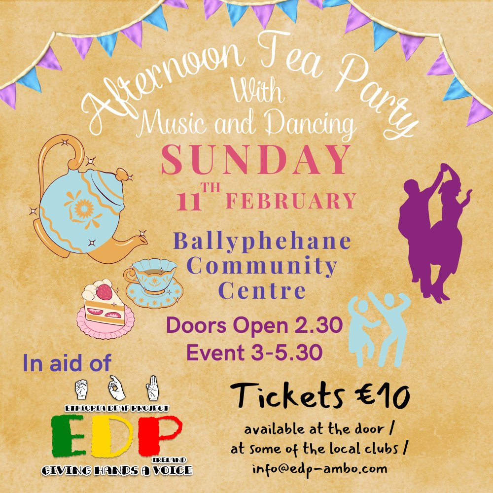 Ethiopia Deaf Project (@deafethiopia) on Twitter photo SUNDAY FEB 11th 2024
BALLYPHEHANE COMMUNITY CENTRE
Doors open 2pm onwards
MUSIC BY BERNARD WALLACE + GUESTS
Tickets €10 at the door or email us at info@edp-ambo.com or shorturl.at/eks37 SUNDAY FEB 11th 2024
BALLYPHEHANE COMMUNITY CENTRE
Doors open 2pm onwards
MUSIC BY BERNARD WALLACE + GUESTS
Tickets €10 at the door or email us at info@edp-ambo.com or shorturl.at/eks37