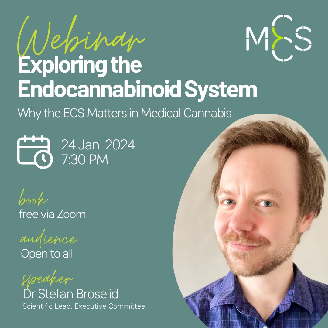 24 Jan | 7:30pm | Open to all The ECS is integral to managing functions and processes such as mood, appetite, memory, sleep, and pain perception. A fundamental understanding of the ECS is essential for anyone prescribing #medicalcannabis. 🔗Register: us06web.zoom.us/webinar/regist…