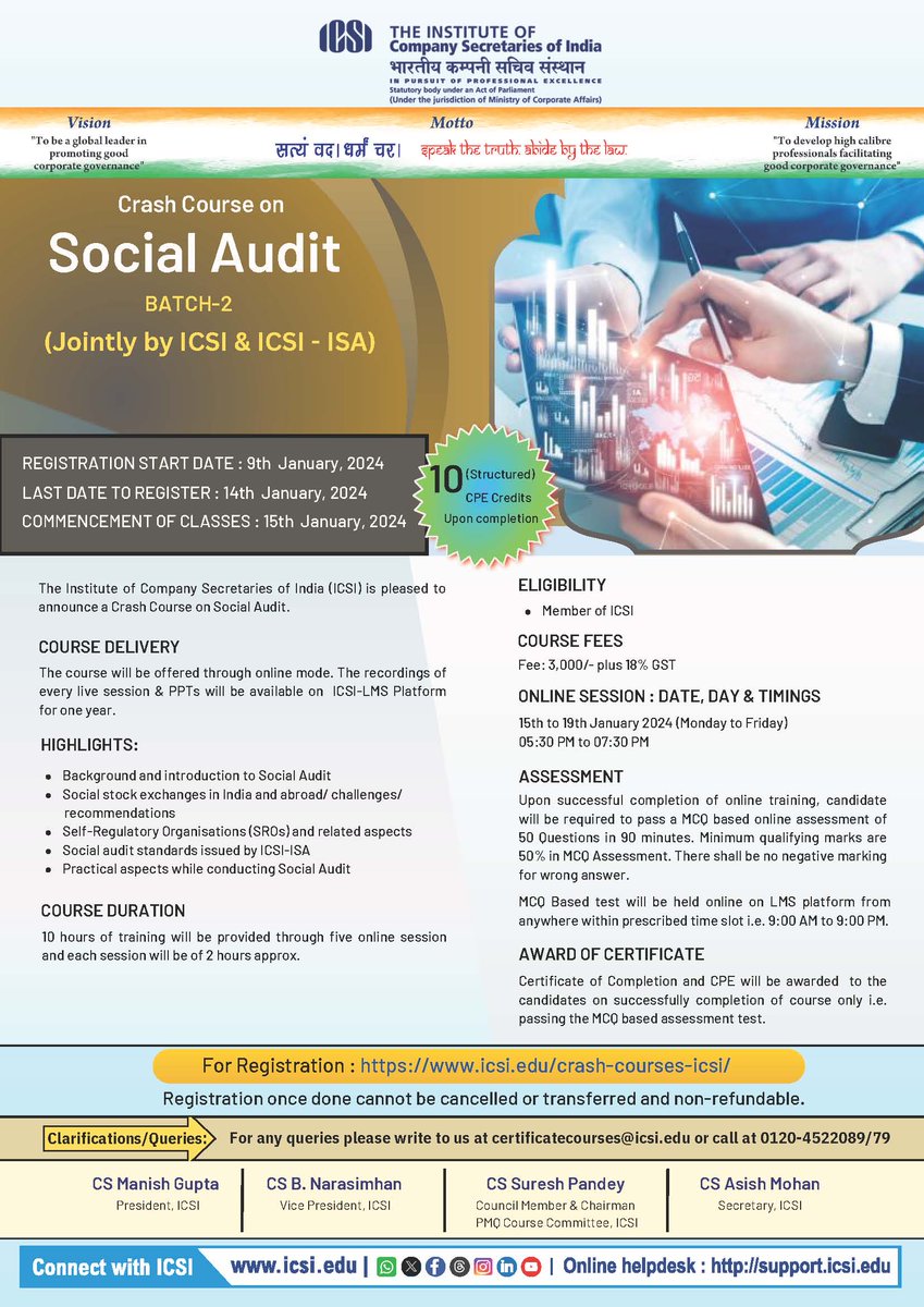 icsi_cs's tweet photo. Registration Opens for #ICSICrashCourse on #SocialAudit. Register Now @ https://t.co/FreoJxqBtY https://t.co/XCYhrxkndf
