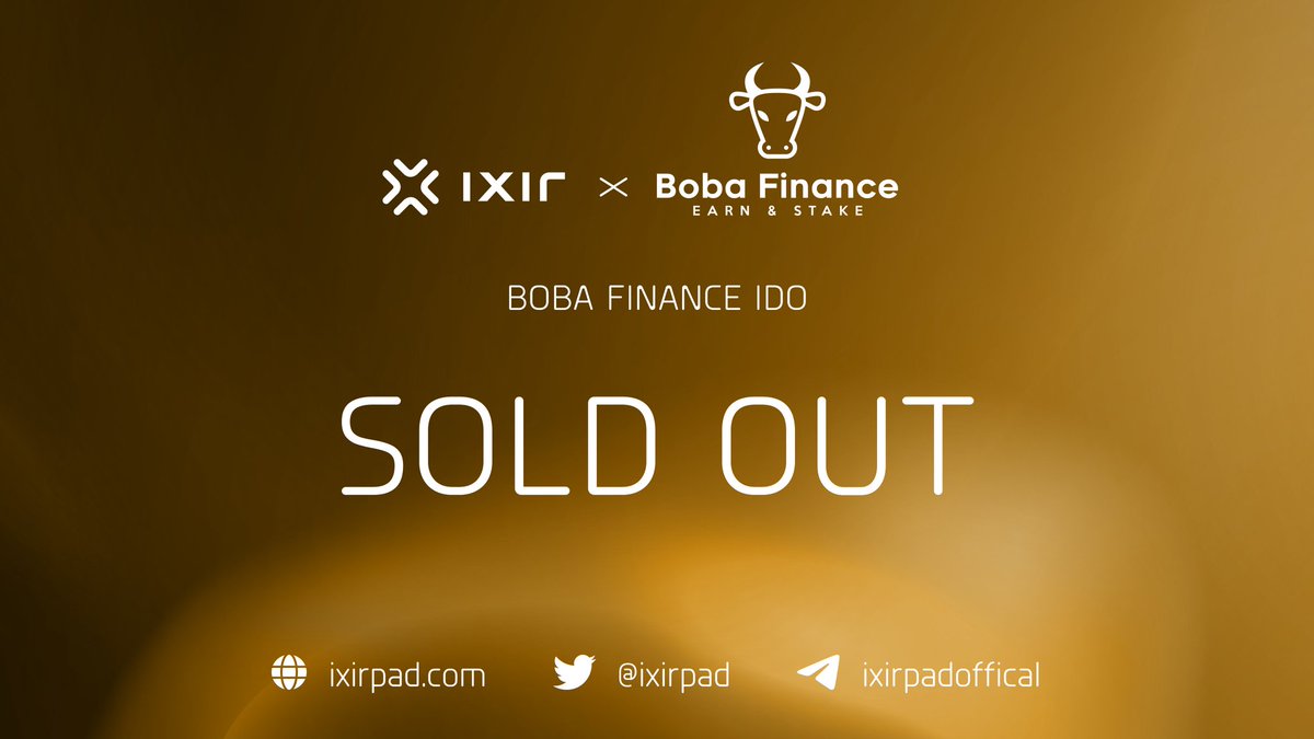 IXIRPAD (@ixirpad) on Twitter photo You are amazing ixirpad family.
<a href="/RealBobaFinance/">Boba Finance</a> 🔥🔥🔥
100.000$
SOLD OUT!!!
Thanks to all participants. You are amazing ixirpad family.
<a href="/RealBobaFinance/">Boba Finance</a> 🔥🔥🔥
100.000$
SOLD OUT!!!
Thanks to all participants.