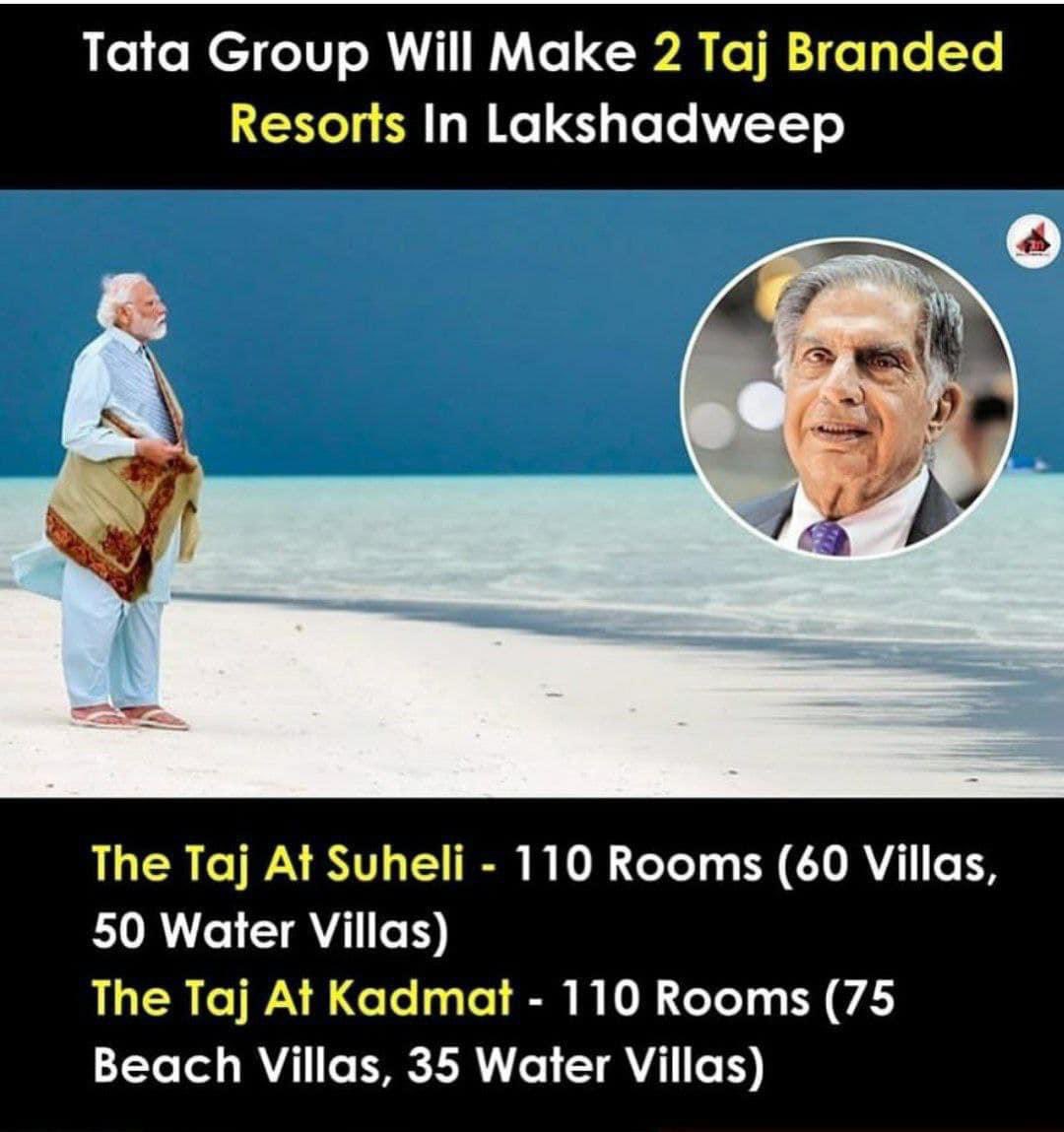 MaheshYadav03's tweet photo. IHCL has signed two Taj Branded resorts on the islands of suheli and kadmat in Lakshadweep.
Ratan Tata won heart again тЩея╕П huge respect ЁЯлб
Single photo shoot is enough ЁЯФе
#LakshadweepIsland #LakshadweepTourism #IncredibleIndia #maldivesboycott #Maldeves #ExploreIndianIslands https://t.co/62vTBMndKv