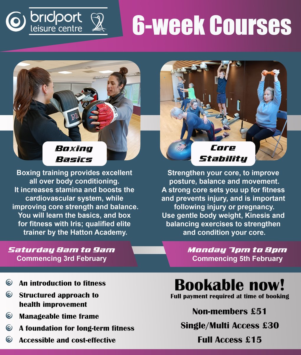 BridportLC's tweet image. NEW: 6-Week Fitness Courses at Bridport Leisure Centre! 😍

Call us on 01308 427464 to book your place.

#blcfitnesscourses #boxingbasics #corestability #fitnesscourses #fitnessmotivation #grouptraining