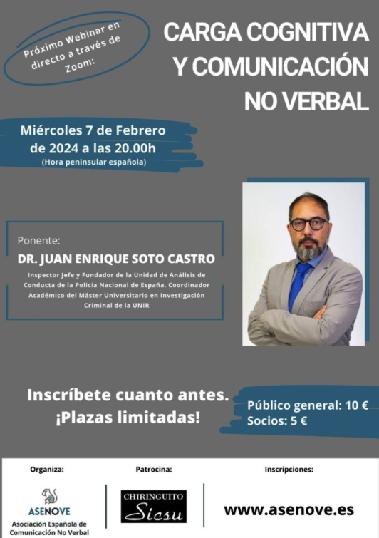 El próximo 7 de febrero, a las 19 horas compartiré con mis amigos de <a href="/ASENOVE_CNV/">ASENOVE</a>  una charla sobre comunicación no verbal.  Nos centraremos en el concepto "carga cognitiva". Plazas limitadas. No lo dejéis para más tarde porque se van a agotar rápido.
asenove.es/webinar-carga-…