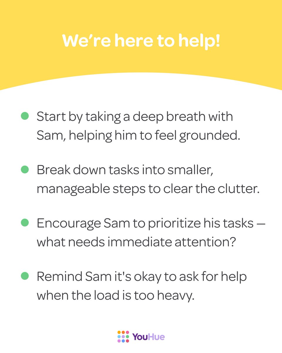 YouHueApp's tweet photo. Feeling overwhelmed can happen to anyone, even students like Sam. 🔄 Break it down with today's #SEL lesson: 

🌬️ Breathe deep. 
✅ List it out. 
🎯 Focus on one task at a time. 
🤝 Reach out for help when needed. 

Managing stress is a skill, and we're here to teach it. #StudentWellbeing #EdTech