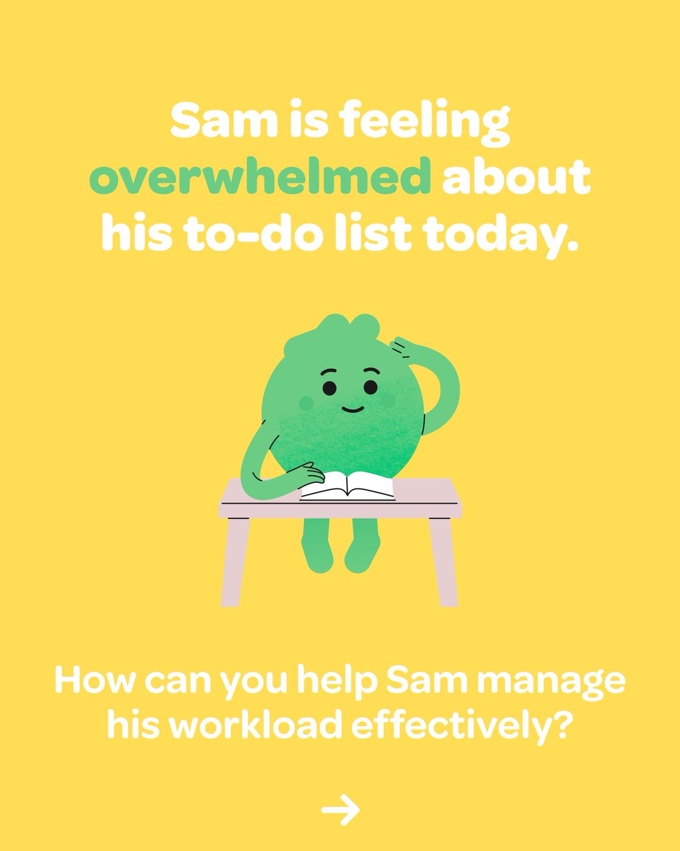 YouHueApp's tweet photo. Feeling overwhelmed can happen to anyone, even students like Sam. 🔄 Break it down with today's #SEL lesson: 

🌬️ Breathe deep. 
✅ List it out. 
🎯 Focus on one task at a time. 
🤝 Reach out for help when needed. 

Managing stress is a skill, and we're here to teach it. #StudentWellbeing #EdTech