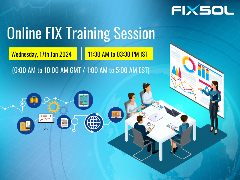fixsol_info's tweet photo. FIXSOL is offering FIX Protocol training session for groups, as well as for individual professionals.
Training scheduled for Wednesday, Jan 17, 2024, from 11:30 am to 03:30 pm IST.🚀
For further details and registration, please visit here: https://t.co/GipxkJMx8N
#FIXProtocol https://t.co/DQ9VZsQDCr